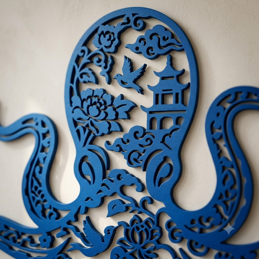 Chinoiserie pattern octopus metal sign, blue ocean wall art - coastal nautical decor
