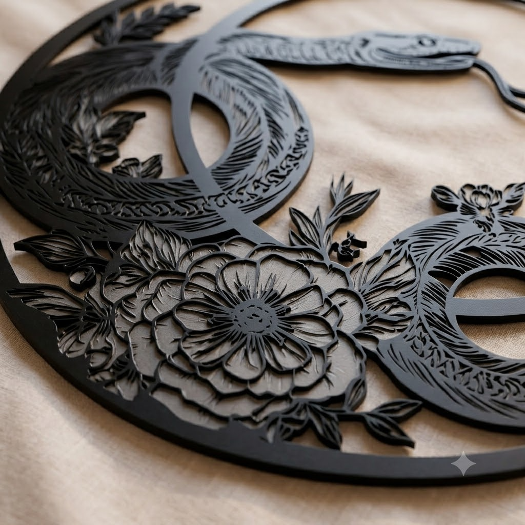 Cottagecore Botanical Metal Sign, Snake Moon Wall Decor, Nature Inspired Art