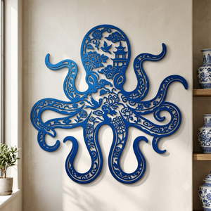 Chinoiserie pattern octopus metal sign, blue ocean wall art - coastal nautical decor
