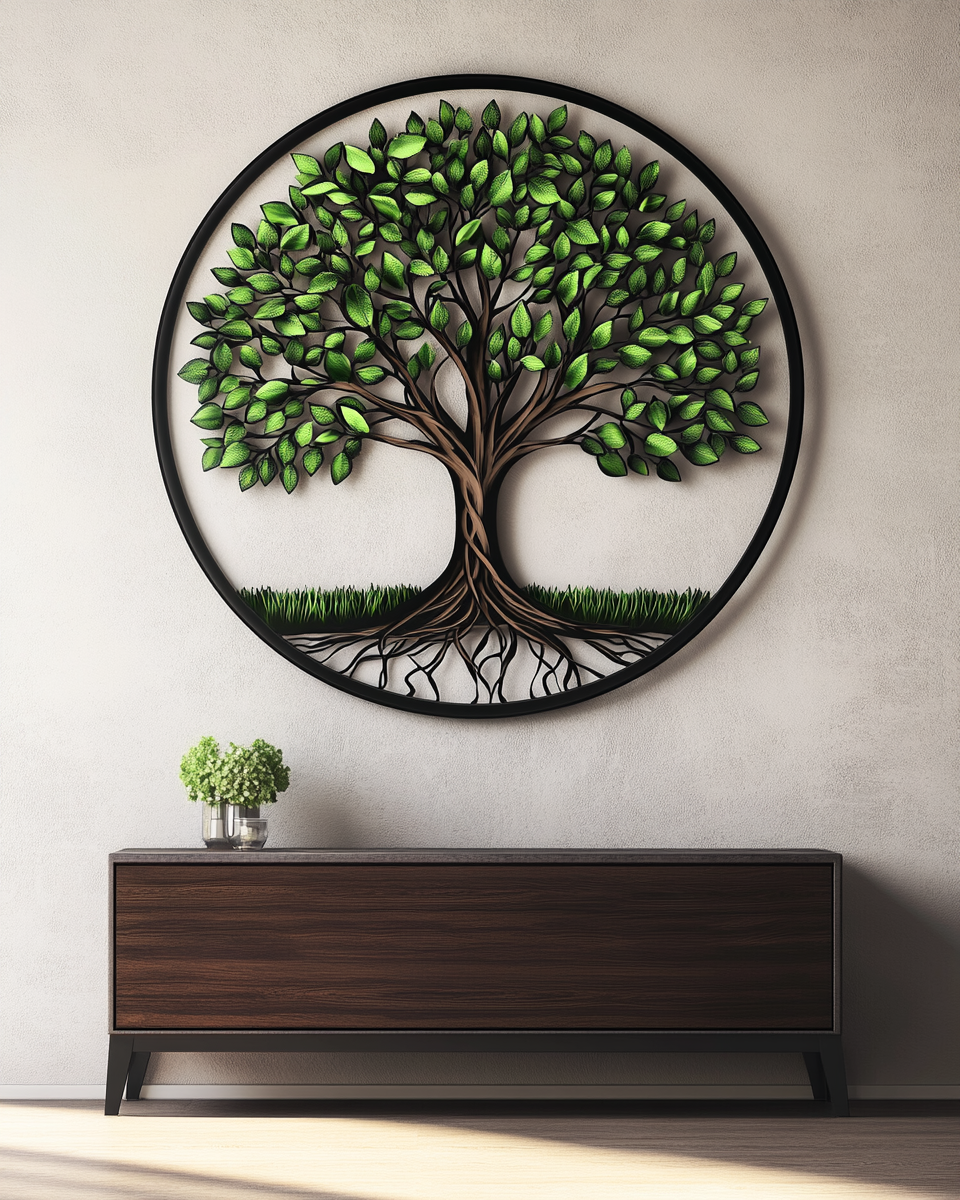 Tree of Life Metal Wall Art – Round Green Tree Wall Decor for Living Room, Bedroom & Farmhouse Home