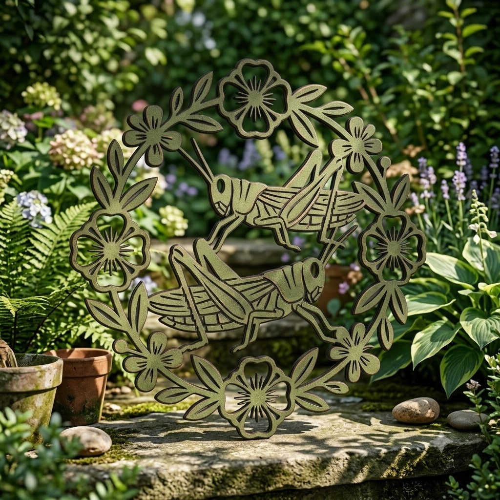 Cottagecore metal sign, dancing grasshoppers & floral wreath, botanical wall art