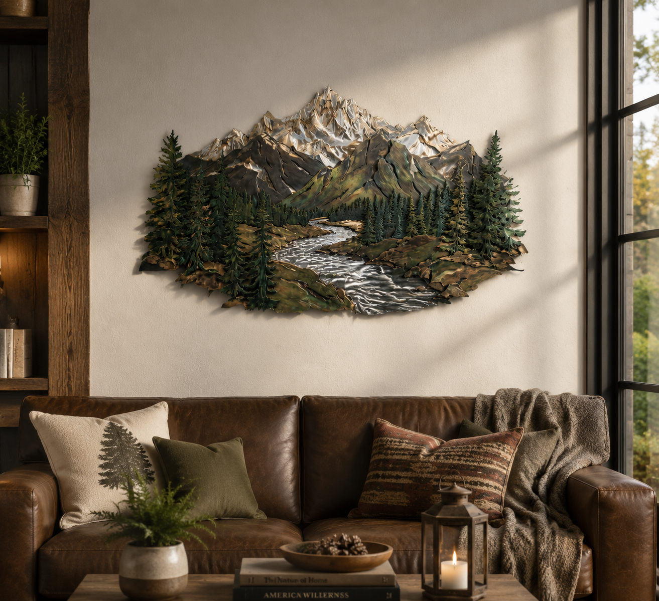 Mountain Forest Metal Wall Art Rustic Cabin Landscape Decor Outdoor Mountain Scene Metal Sign for Living Room or Office Wall Decoration