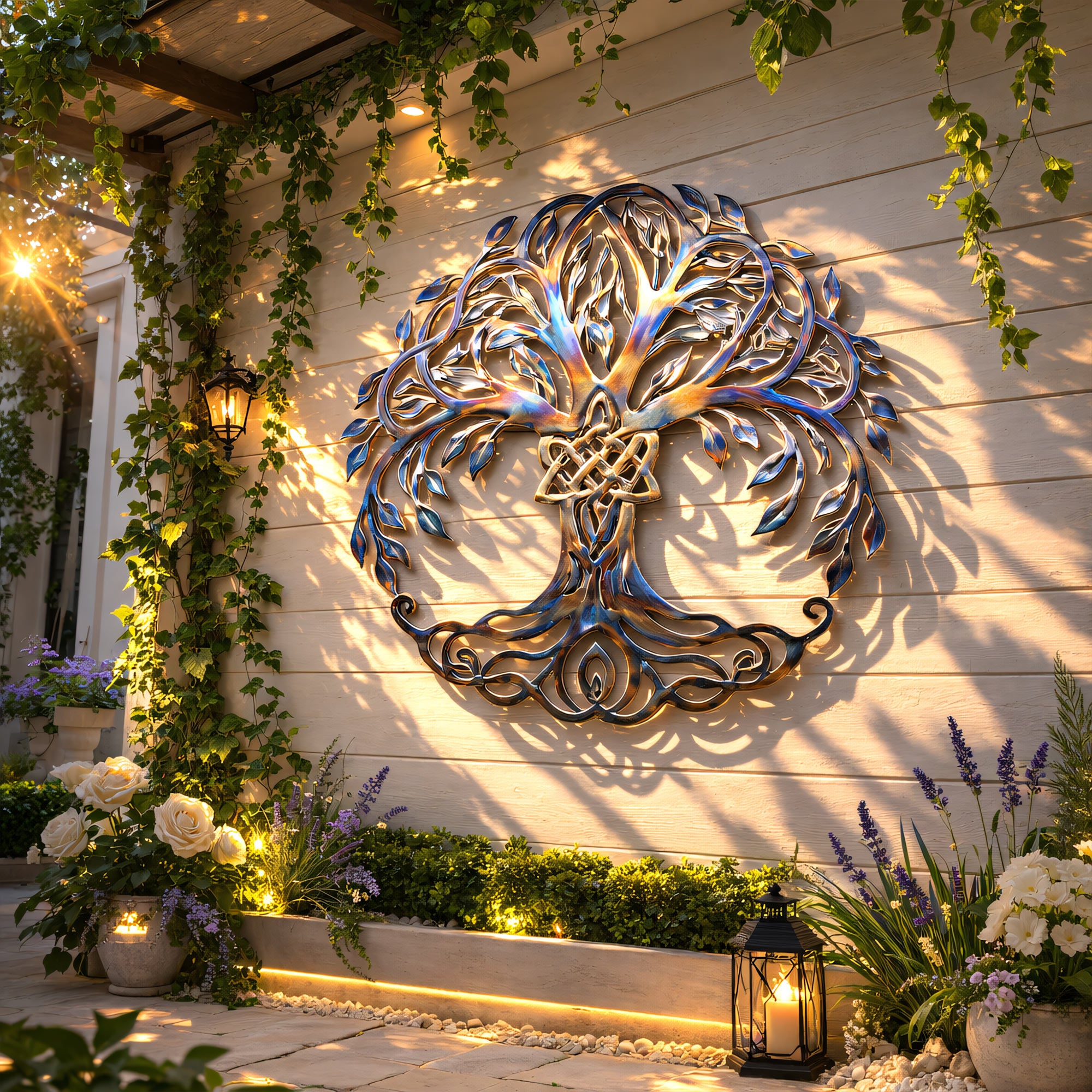Tree of Life Metal Wall Art, Heat Colored Celtic Tree Decor, Large Outdoor Garden Wall Hanging, Patio Porch Fence Sign Boho Rustic Home Gift