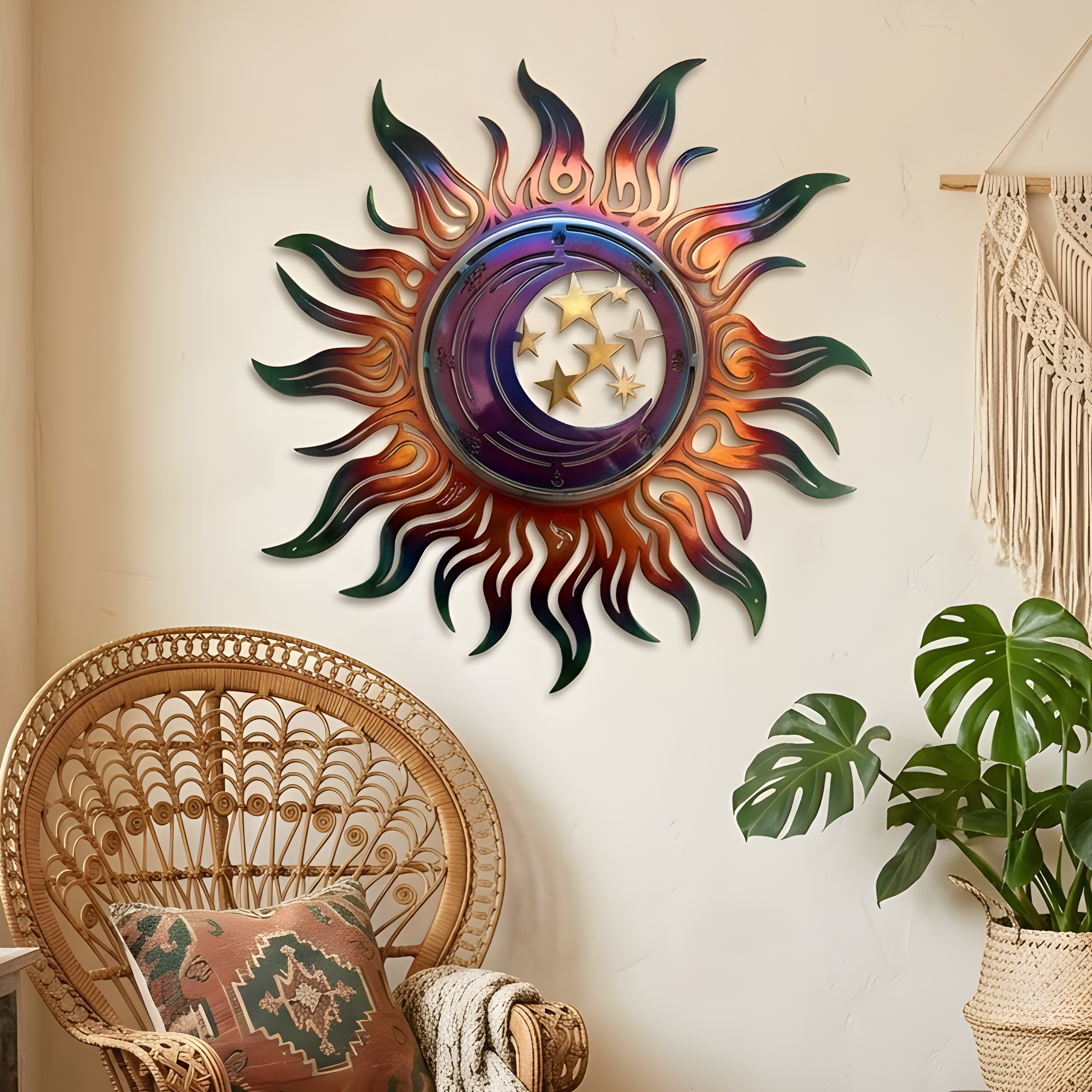 Celestial Sun Moon Metal Wall Art, Iridescent Rainbow Outdoor Decor Laser Cut Sunburst Wall Hanging, Boho Patio Garden Yard Sign Witchy Gift
