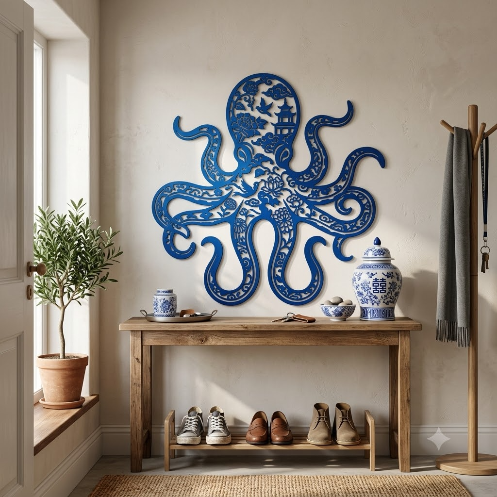 Chinoiserie pattern octopus metal sign, blue ocean wall art - coastal nautical decor