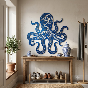 Chinoiserie pattern octopus metal sign, blue ocean wall art - coastal nautical decor
