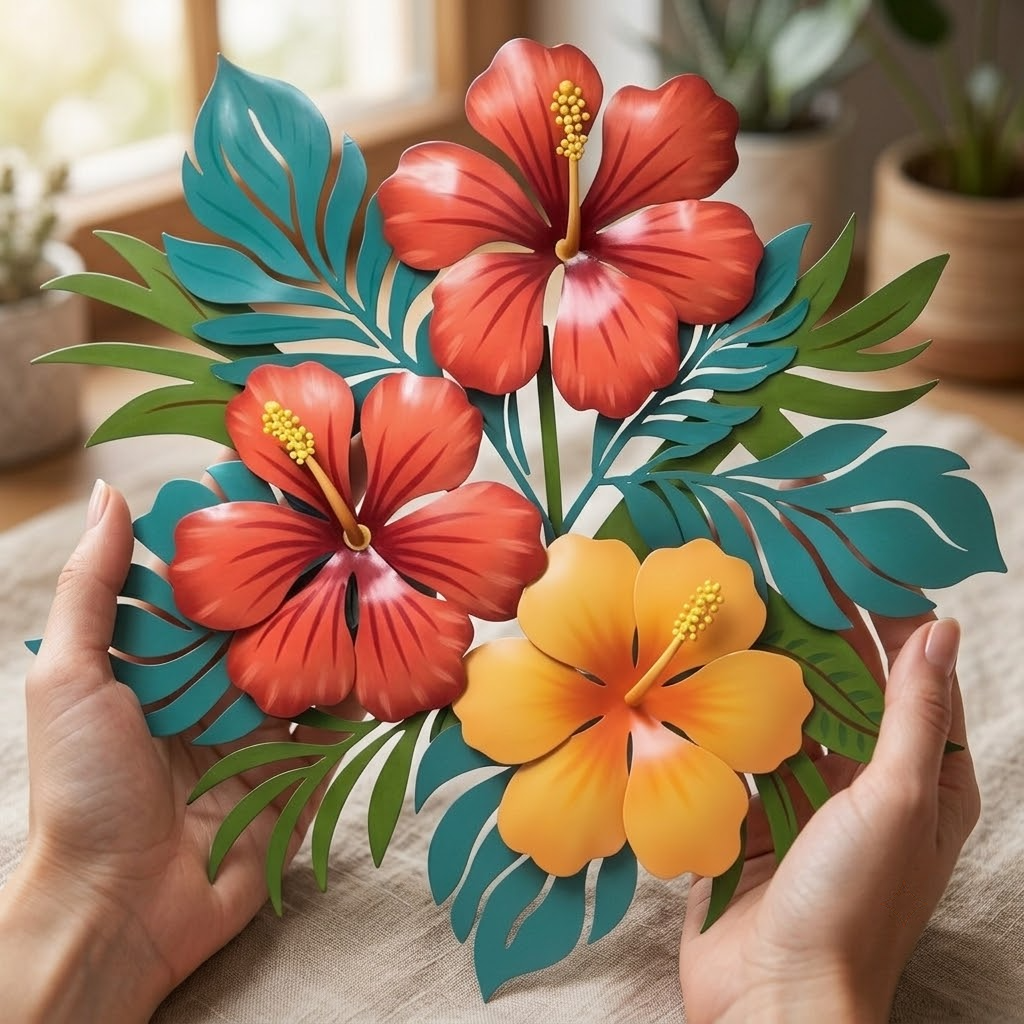 Large Hibiscus Flowers Replace Rays, Flowing Tropical Leaves Metal Wall Art, Sun Center, Coral Pink