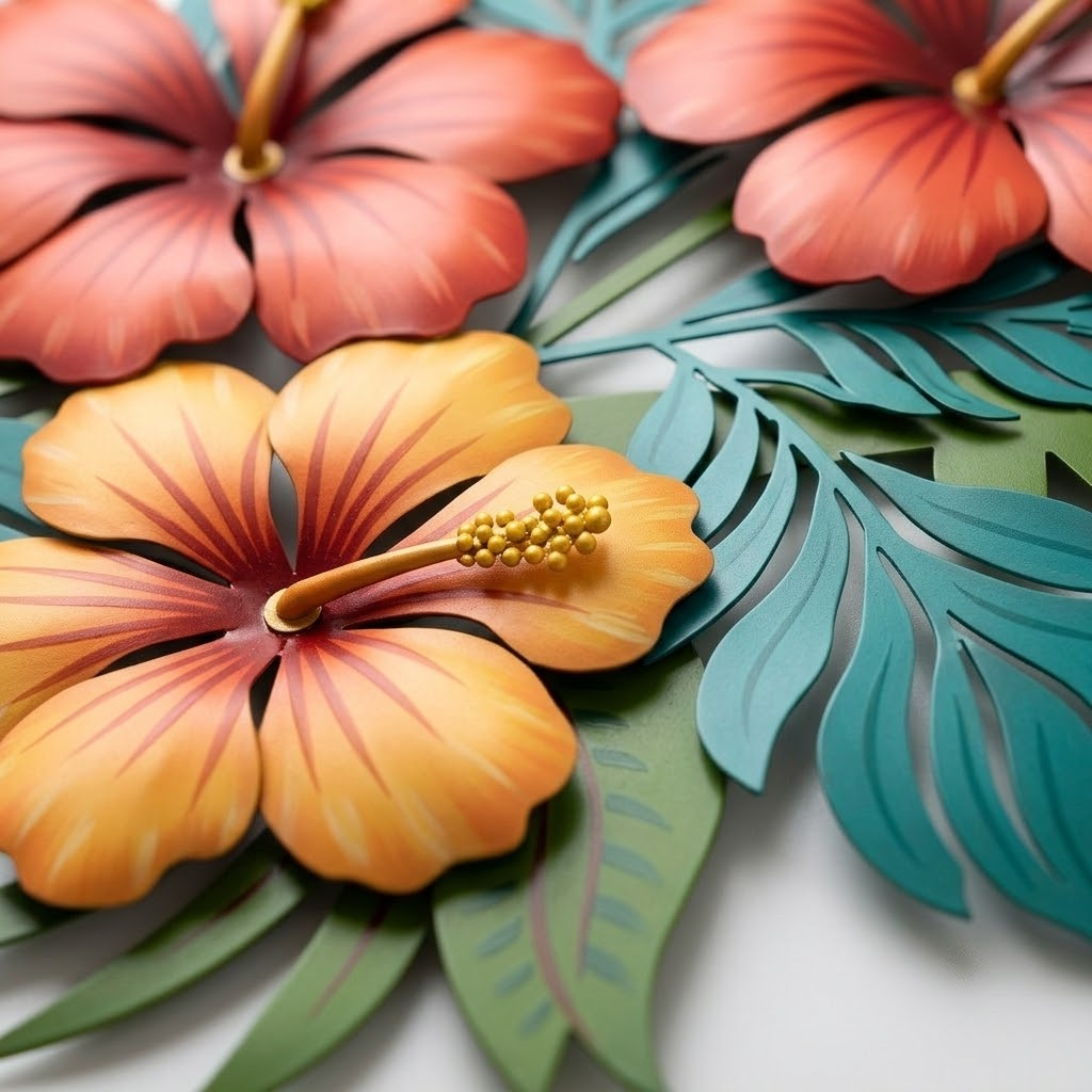 Large Hibiscus Flowers Replace Rays, Flowing Tropical Leaves Metal Wall Art, Sun Center, Coral Pink
