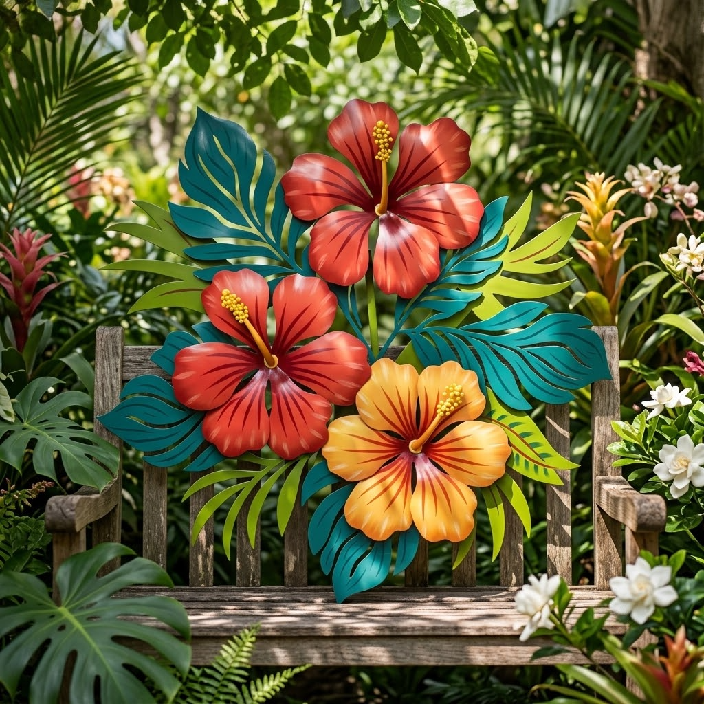 Large Hibiscus Flowers Replace Rays, Flowing Tropical Leaves Metal Wall Art, Sun Center, Coral Pink