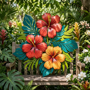 Large Hibiscus Flowers Replace Rays, Flowing Tropical Leaves Metal Wall Art, Sun Center, Coral Pink