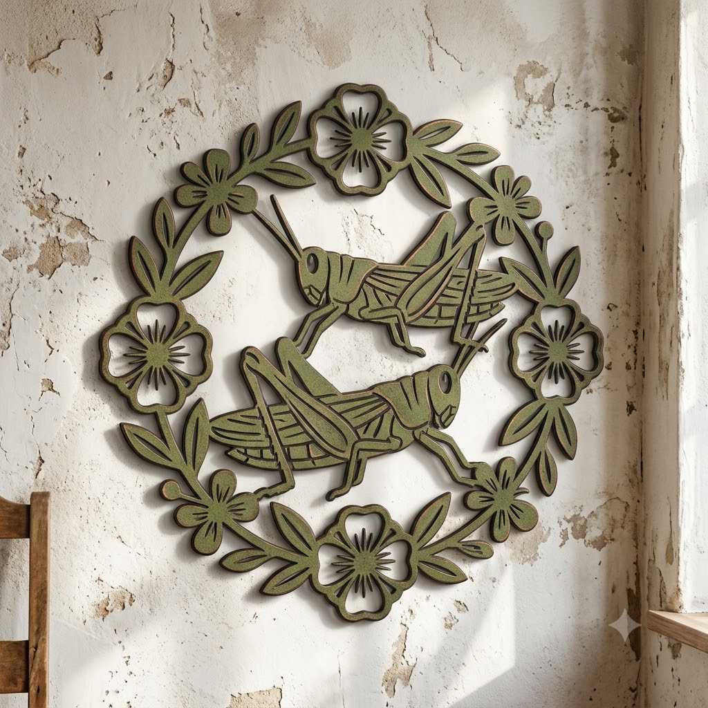 Cottagecore metal sign, dancing grasshoppers & floral wreath, botanical wall art