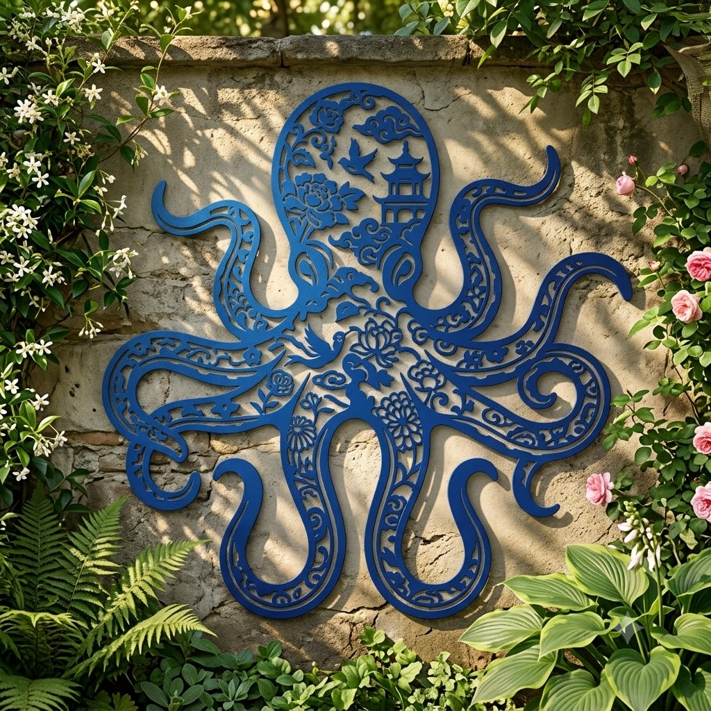 Chinoiserie pattern octopus metal sign, blue ocean wall art - coastal nautical decor