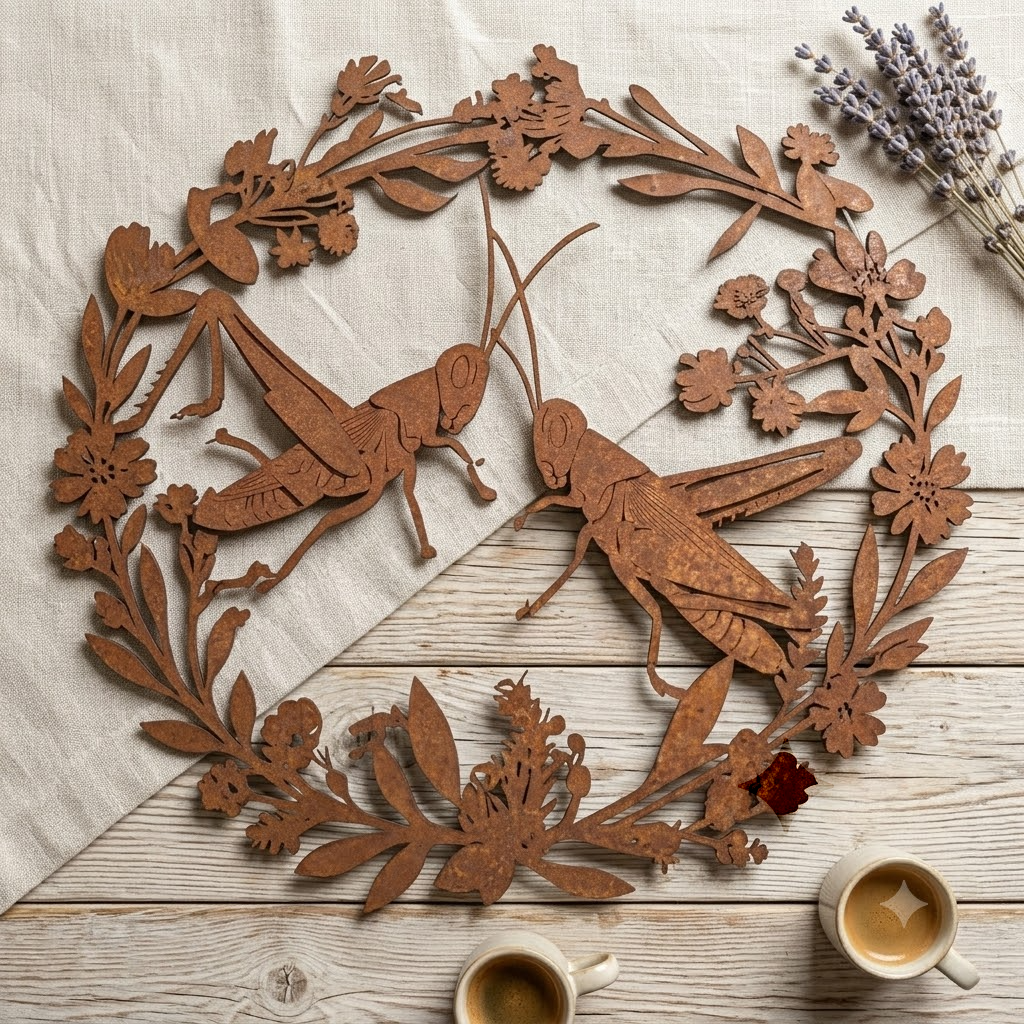 Floral Wreath Grasshoppers Dancing Earthy Décor Metal Sign