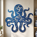 Chinoiserie pattern octopus metal sign, blue ocean wall art - coastal nautical decor