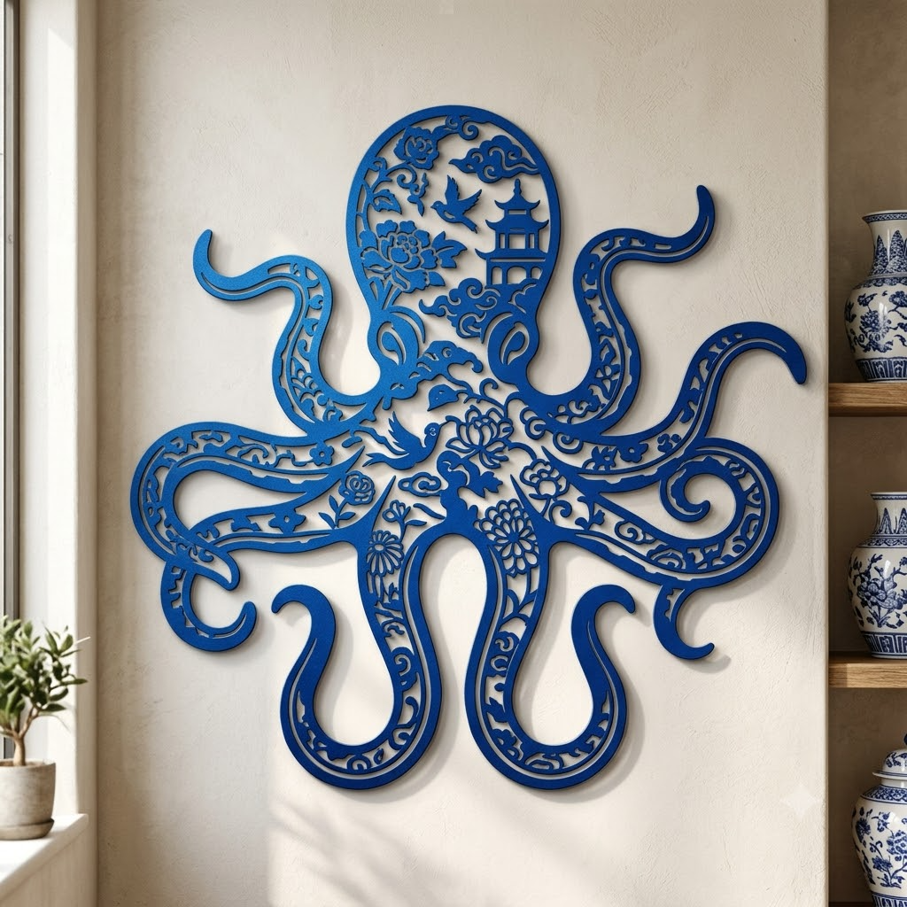 Chinoiserie pattern octopus metal sign, blue ocean wall art - coastal nautical decor