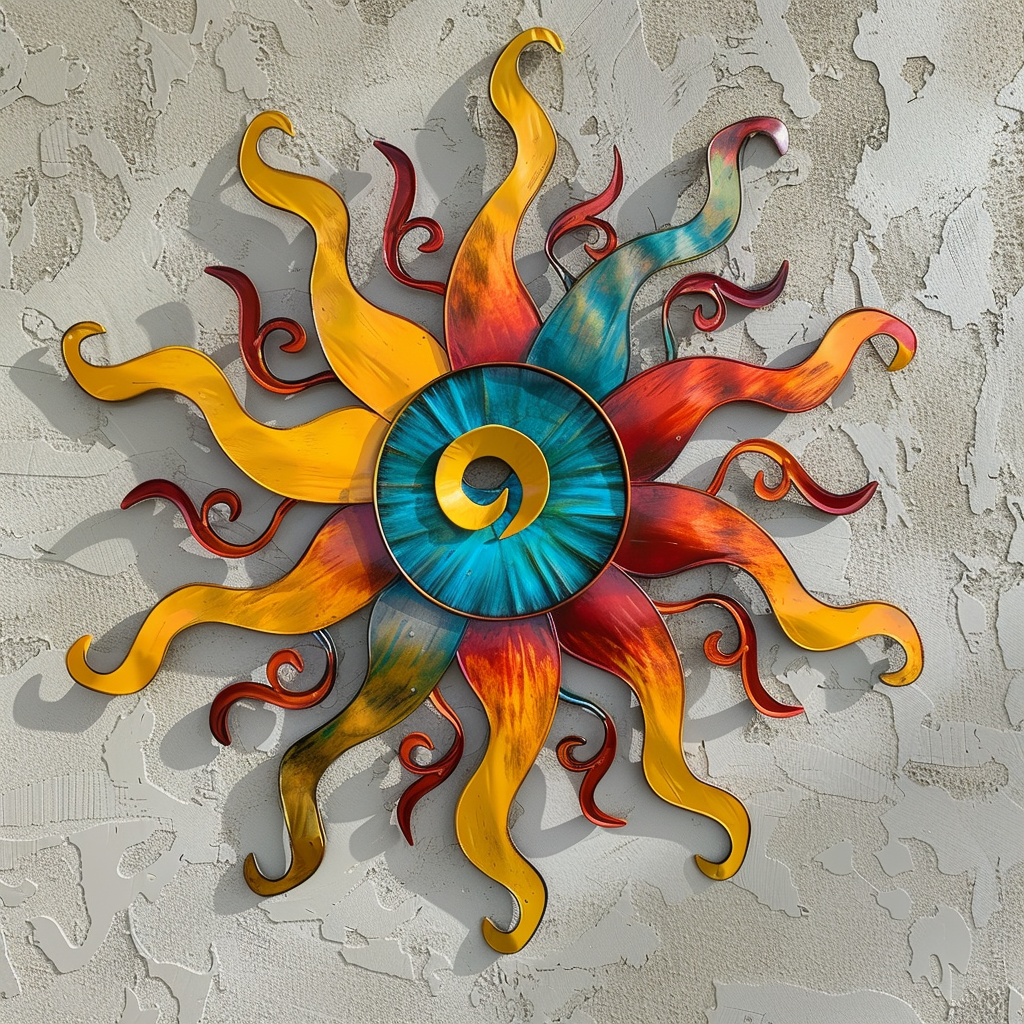 Colorful Sunburst Metal Wall Art Boho Abstract Sculpture Indoor Outdoor Decor Vibrant Sun Wall Hanging Patio Garden Large Statement Piece