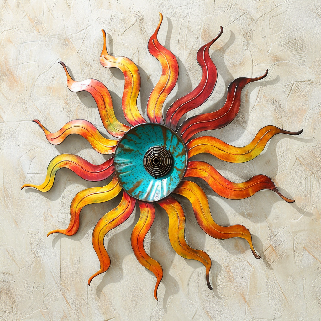 Colorful Sunburst Metal Wall Art Boho Abstract Sculpture Indoor Outdoor Decor Vibrant Sun Wall Hanging Patio Garden Large Statement Piece