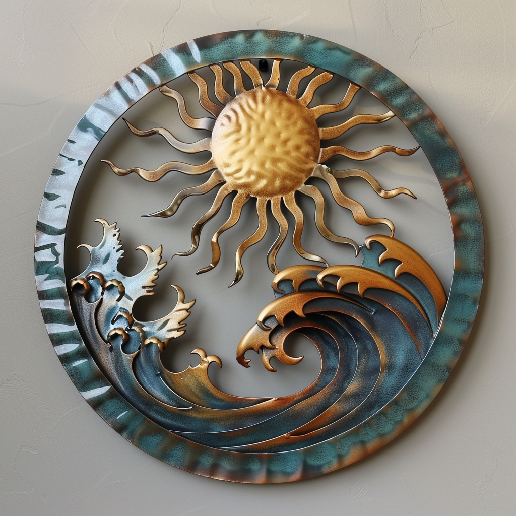 Sun & Moon Metal Wall Art – Ocean Wave Decor for Beach House, Nautical Garden Sign