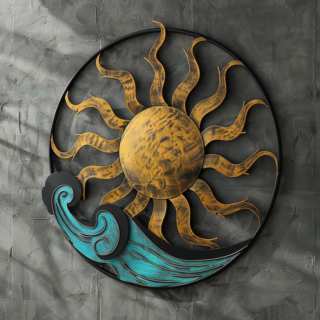 Sun & Moon Metal Wall Art – Ocean Wave Decor for Beach House, Nautical Garden Sign