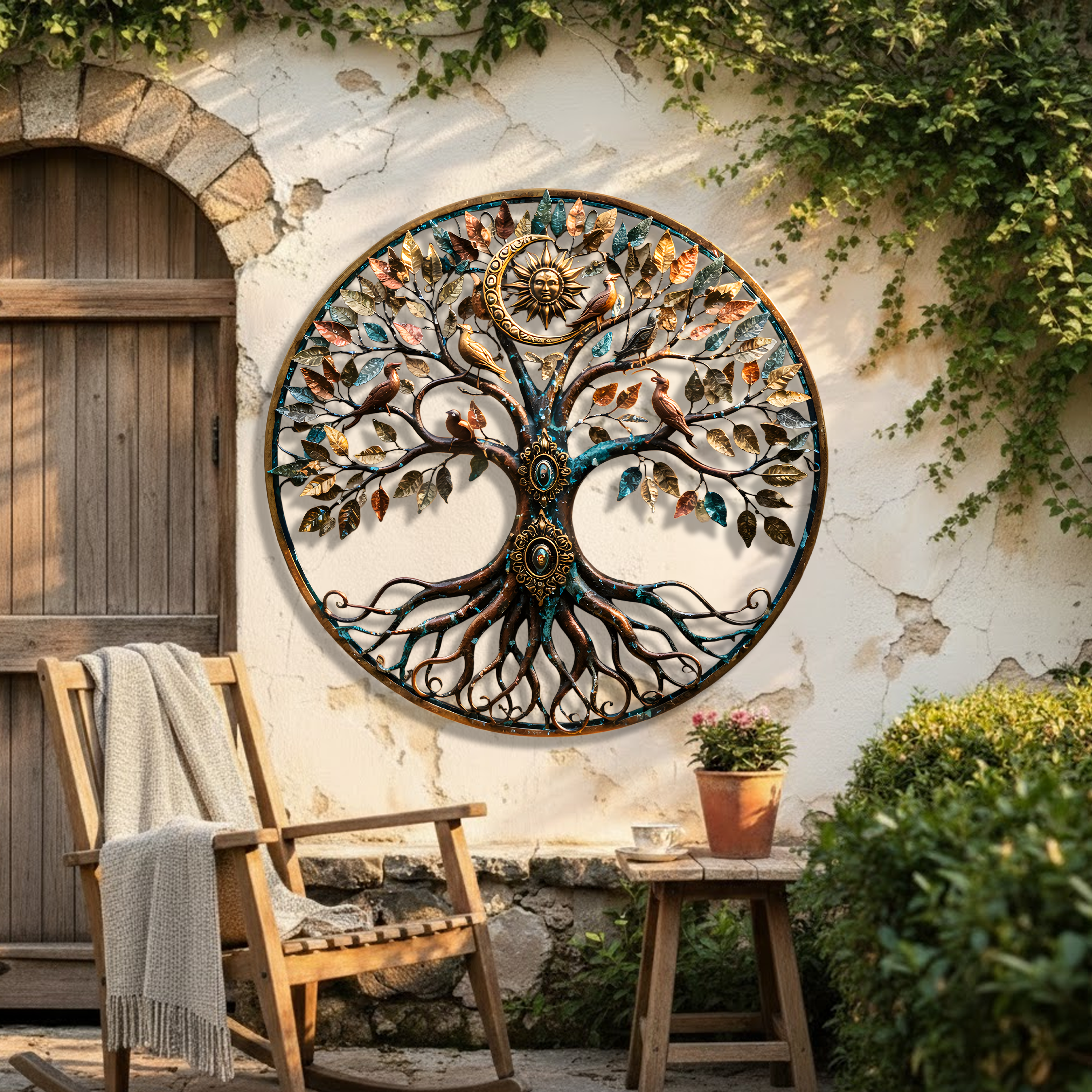 Handcrafted Tree of Life Metal Wall Art with Birds, Sun & Moon Design for Living Room, Garden, and Outdoor Decor