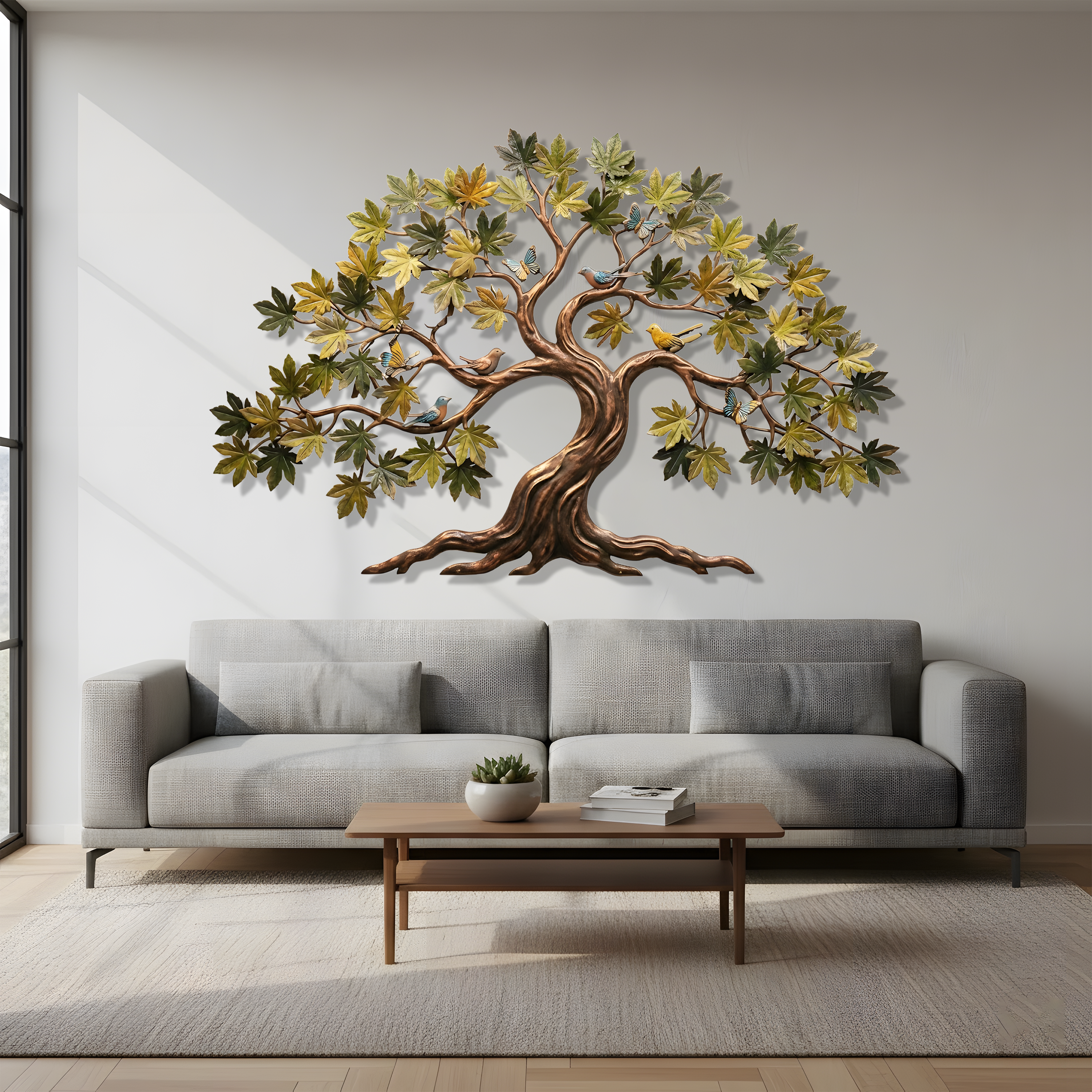 Metal Tree of Life Wall ArtRustic Modern Nature-Inspired Sculpture, Large Iron Tree with Leaves Home Decor for Living Room Office or Garden