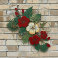 Red Hibiscus Metal Wall Art Tropical Garden Decor, 2D Layered Floral Wall Hanging with Leaves, Butterflies, Hummingbird, Patio Porch Outdoor