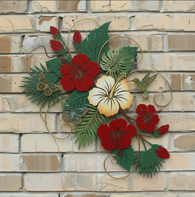 Red Hibiscus Metal Wall Art Tropical Garden Decor, 2D Layered Floral Wall Hanging with Leaves, Butterflies, Hummingbird, Patio Porch Outdoor