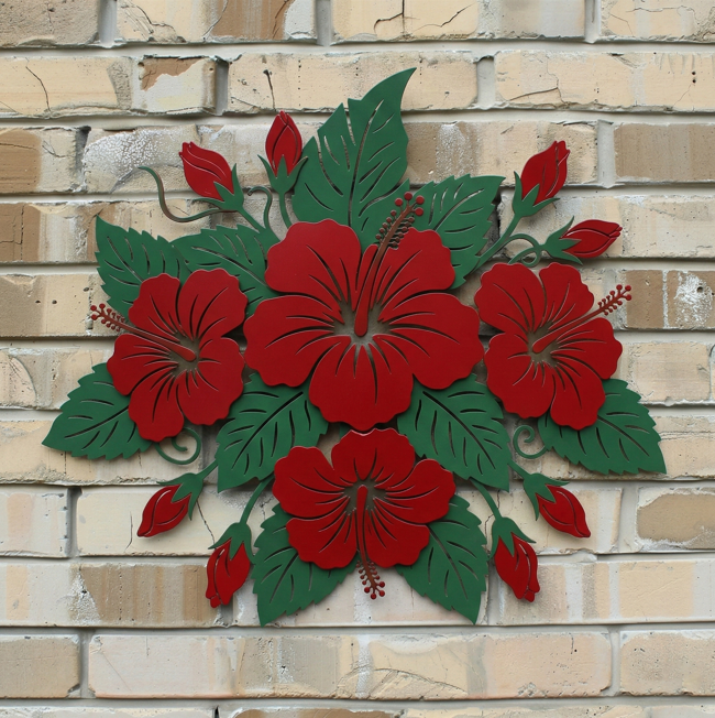 Red Hibiscus Metal Wall Art Tropical Garden Decor, 2D Layered Floral Wall Hanging with Leaves, Butterflies, Hummingbird, Patio Porch Outdoor