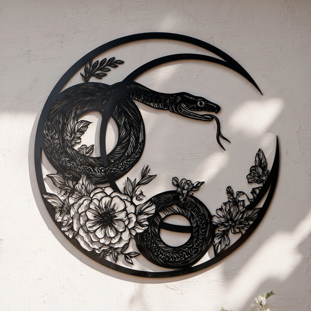 Cottagecore Botanical Metal Sign, Snake Moon Wall Decor, Nature Inspired Art