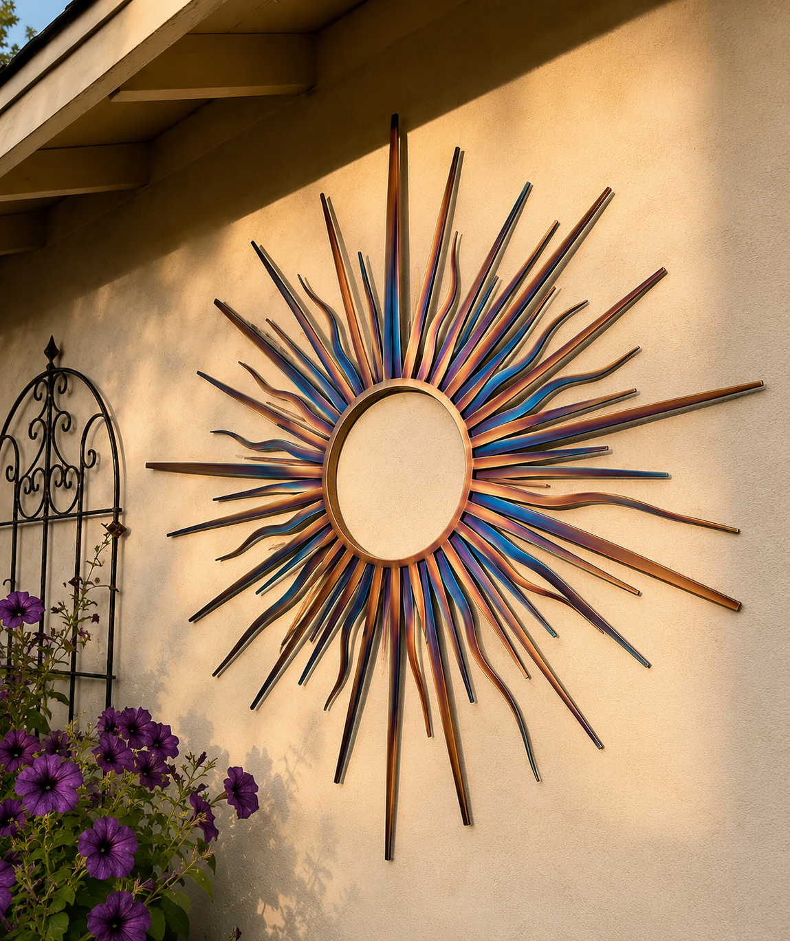 Large Sun Metal Wall Art Heat Colored Sunrise Decor Outdoor Garden Wall Hanging Modern Patio Sunburst Home Decor Gift
