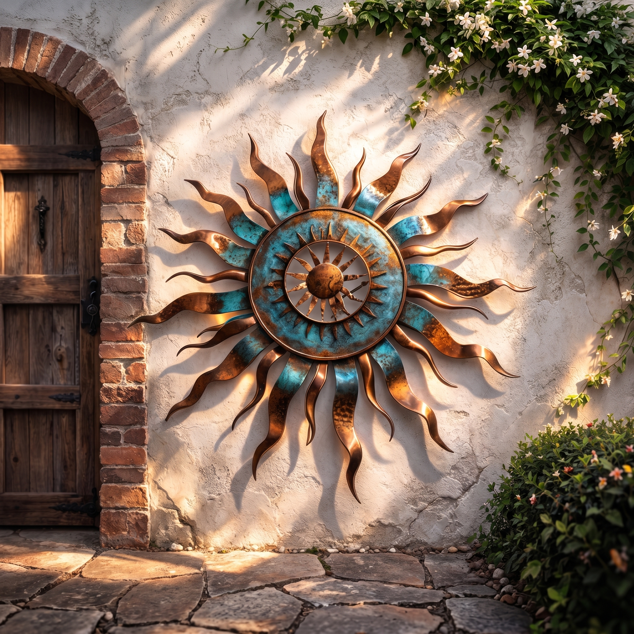 Metal Sun Wall Art – Heat Colored Sunrise, Unique Modern Home Decor, Rustic Iron Sun Sculpture for Living Room, Garden, or Outdoor Wall Art