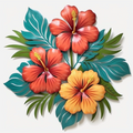 Large Hibiscus Flowers Replace Rays, Flowing Tropical Leaves Metal Wall Art, Sun Center, Coral Pink