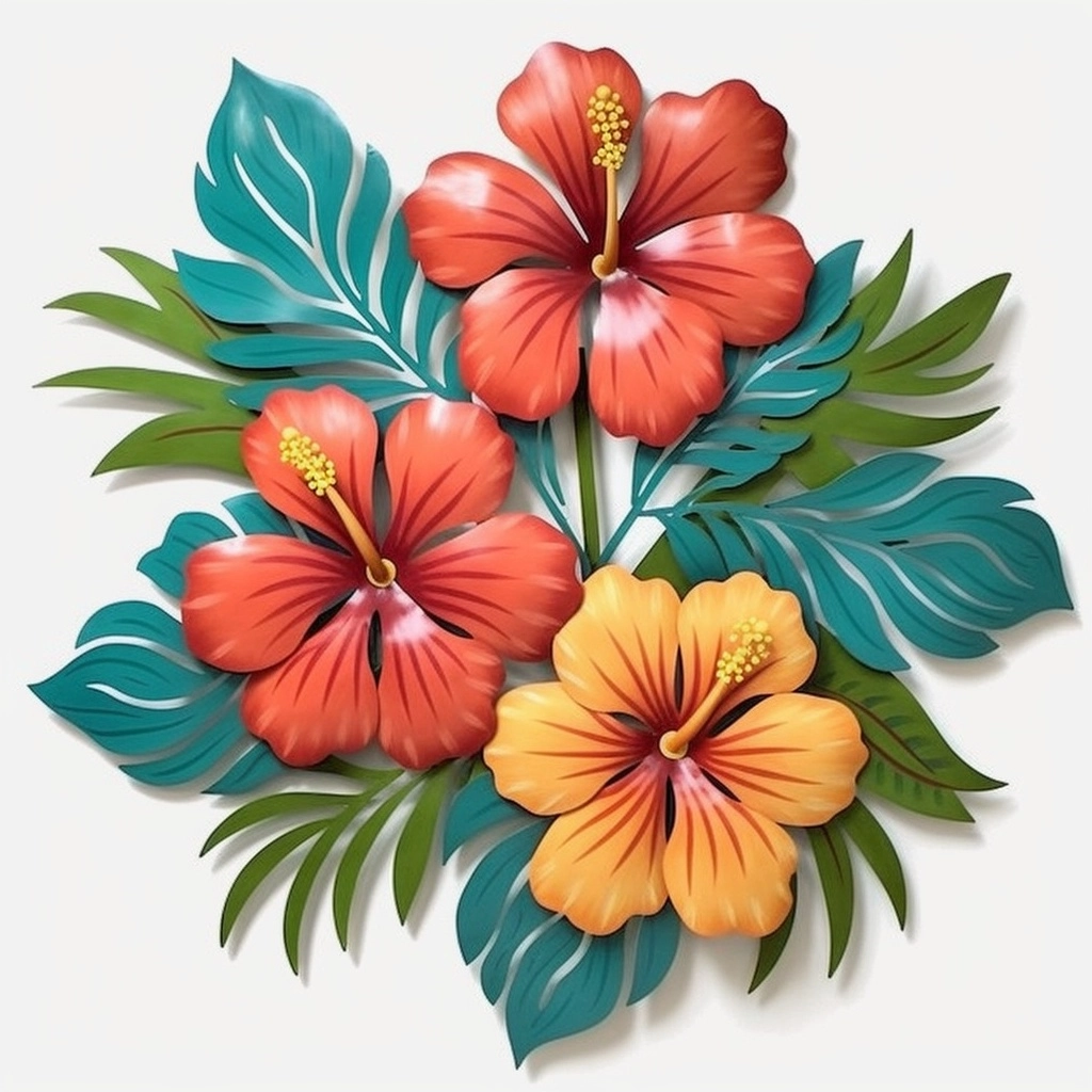 Large Hibiscus Flowers Replace Rays, Flowing Tropical Leaves Metal Wall Art, Sun Center, Coral Pink