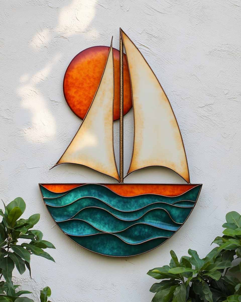 Sea Scenery Metal Wall Art Sailboat Sunrise Decor Coastal Garden Sign Heat Colored Nautical Outdoor Wall Hanging Beach House Gift