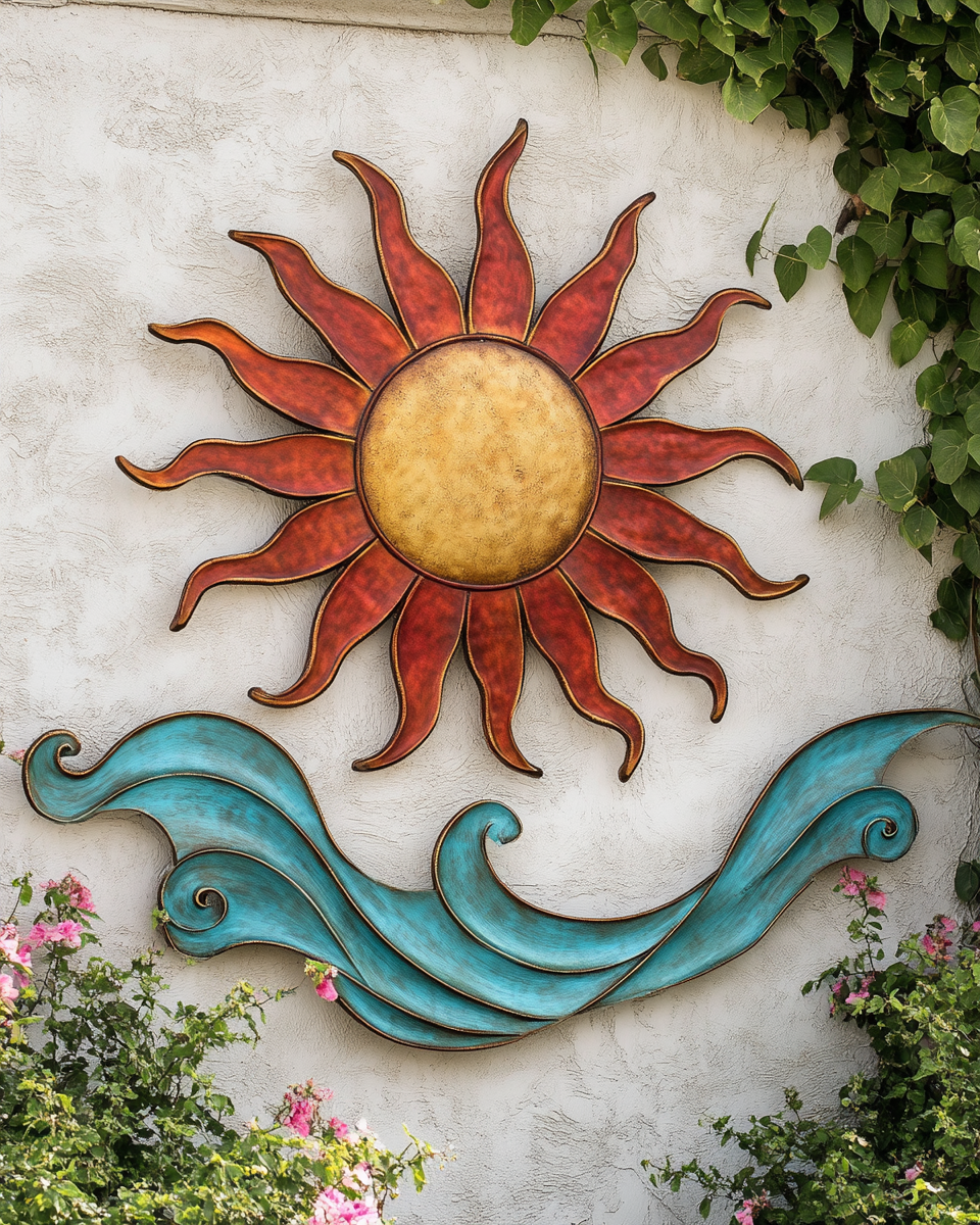Sunrise Metal Wall Art Heat Colored Sunburst Decor Outdoor Garden Wall Hanging Coastal Patio Sign Modern Yard Home Decor Gift